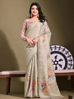 Silver Tussar Silk Digital Print Saree